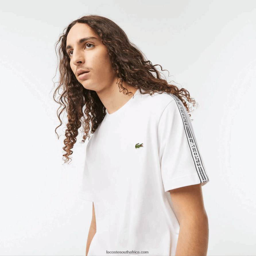 Men Lacoste White 001 Regular Fit Logo Stripe T-Shirt TJ8X4046 ...